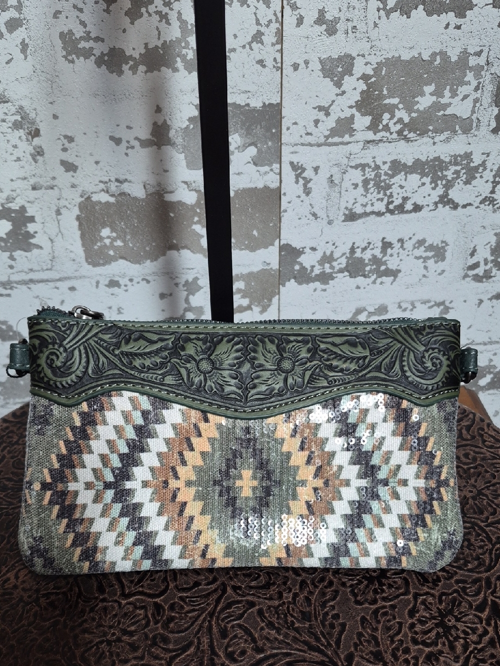 Montana West Green Aztec Sequin Floral-Tooled Clutch